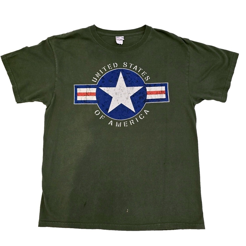 Y2K Vintage Jerzees Mens L Olive Green USAAF Star Roundel Military T Shirt
